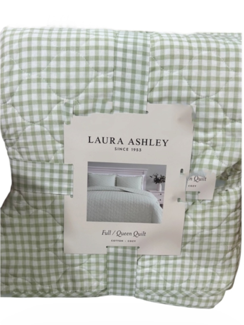 Laura Ashley Green and White Checkered Cotton Quilt 104”x96”